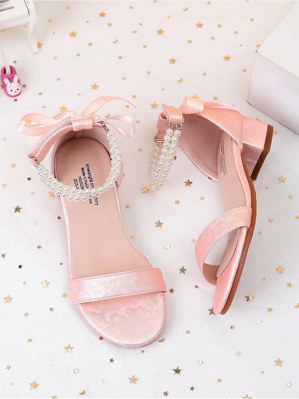 Pink and Bow Pearl Ankle-Strap Sandals-Girls Size 3.5-NWOT